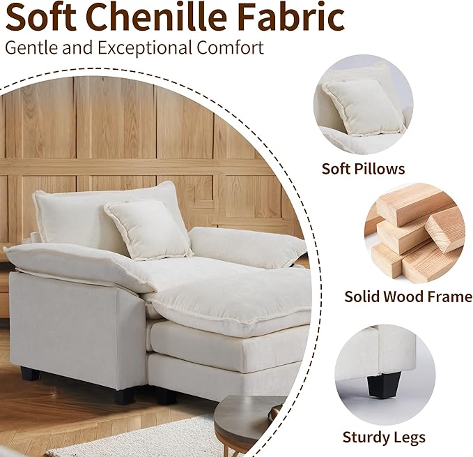 SweetGO corporation 45 Chenille Lounge Chair for Reading Modern Couch Cozy Sofa Bed Upholstered Living Room Single Sofa Accent Chair with Ottoman Beige