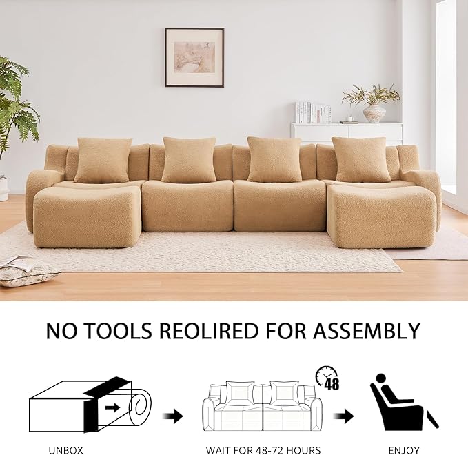 Camel U-Shaped Cloud Couch with 2 Ottomans Modern Teddy Fabric Boneless Sectional Sofa in a Box for Living Room Modular Floor Couch Deep Seat No Assembly Required Sofas para Sala