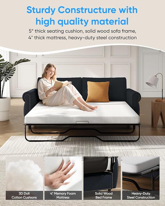 2 in 1 Sofa Bed Queen Size Linen Fabric Pull Out Couch with Folding Foam Mattress Convertible Loveseat Sleeper Sofa with Nailhead Trim for Living Room Bedroom Apartment-Grey