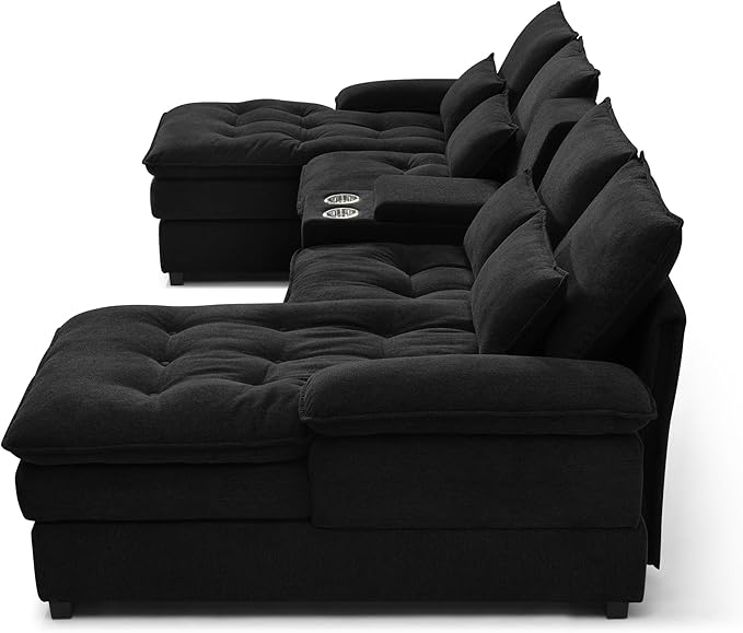 KEIKI U-Shaped 6 seat Sofa with Storage Console Cup Holders 130 Upholstered Sectional Sofa Button Tufted Cloud Cushion Couch for Home Office Black