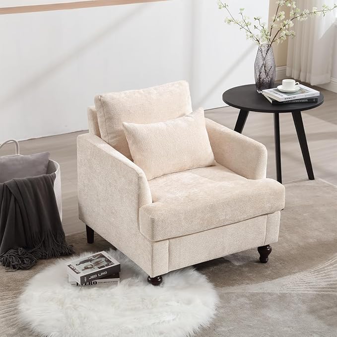 Upholstered Living Room Chair Chenille Accent Chair Single Sofa with Cushion &amp Solid Wood Frame Mid Century Modern Armchair for Bedroom Office