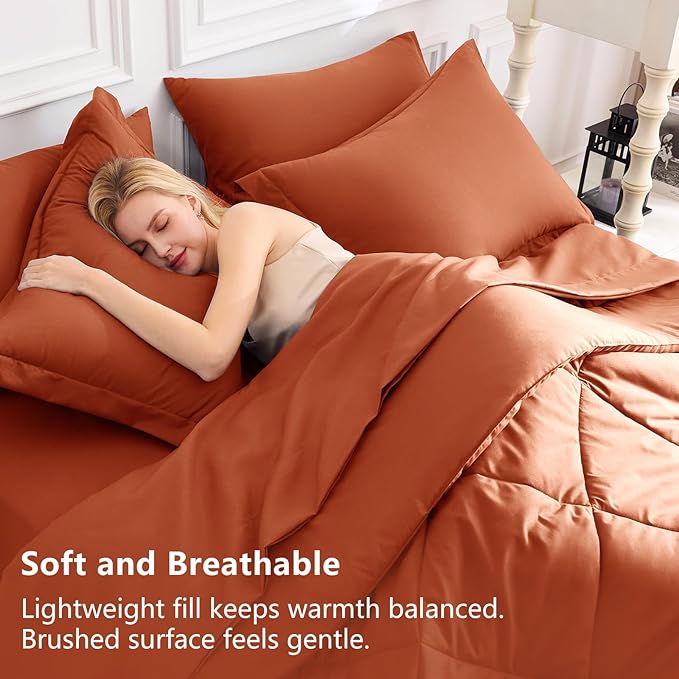 CozyLux Queen Comforter Set Burnt Orange - Bed in a Bag Queen Size 7 Pieces Luxury Soft Bed Set for All Seasons Bedding Set with Down Alternative Comforter Sheets Pillowcases &amp Shams Terracot