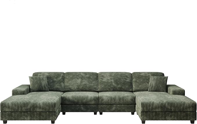 137” Oversized Corduroy Sectional Sleeper Sofa with Double Storage Chaise U Shaped 4 Seat Sectional CouchGreen