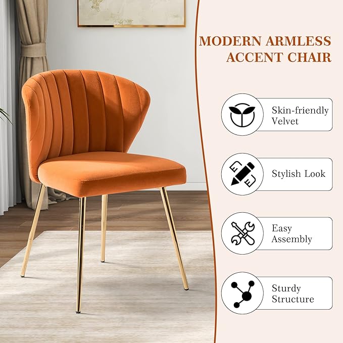HULALA HOME Velvet Dining Chair Cute Armless Accent Chair Living Room Chair with Golden Legs Mid Century Modern Upholstered Side Chair for Kitchen Vanity Orange