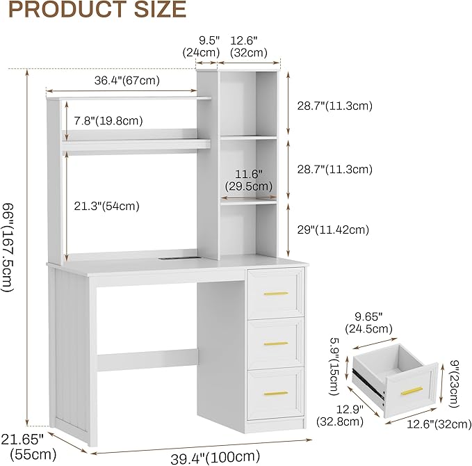 LVSOMT 40” Home Office Desk with Hutch and Drawers Computer Desk with Power Outlets and LED Light Study Writing Gaming Table with Storage Shelves Workstation for Bedroom White