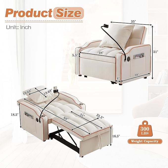 Antetek Sleeper Sofa Chair Bed with Charging Ports &amp Phone Holder &amp Cup Holder Modern Velvet 3 in 1 Convertible Pull Out Single Sofa Chair Bed for Small Spaces Apartment Beige
