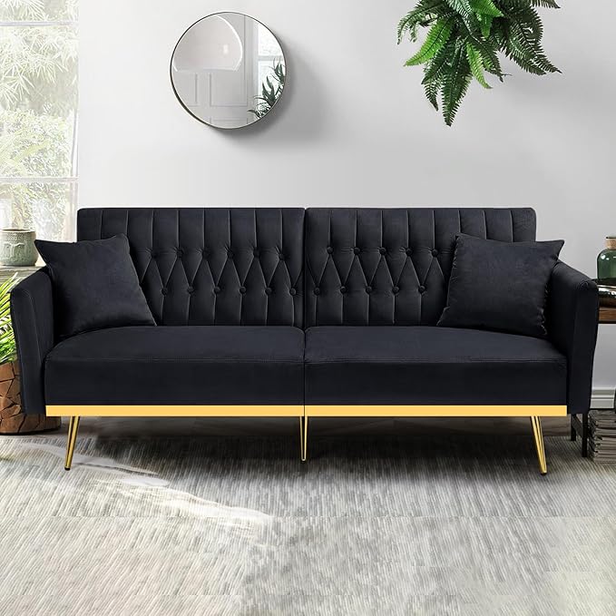 70” Velvet Futon Sofa Bed with 2 Pillows and Adjustable Armrests Convertible Sleeper Bed W/Adjustable Backrests Modern Loveseat for Living Room Bedroom Black