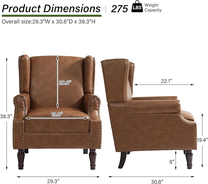 Floral High Back Accent Chair Upholstered Armchair with Solid Wood Legs Comfy Wingback Reading Single Sofa Chair for Small Spaces Living Room Bedroom(Leather Brown Set of 1)