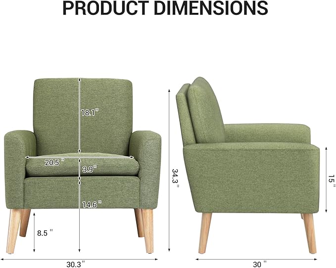 Lohoms Accent Chair Set of 2 Living Room Mid-Century Modern Chair Upholstered Fabric Comfy Club Armchair Pair of Leisure Sofa Chairs for Bedroom Small Apartment Office Green