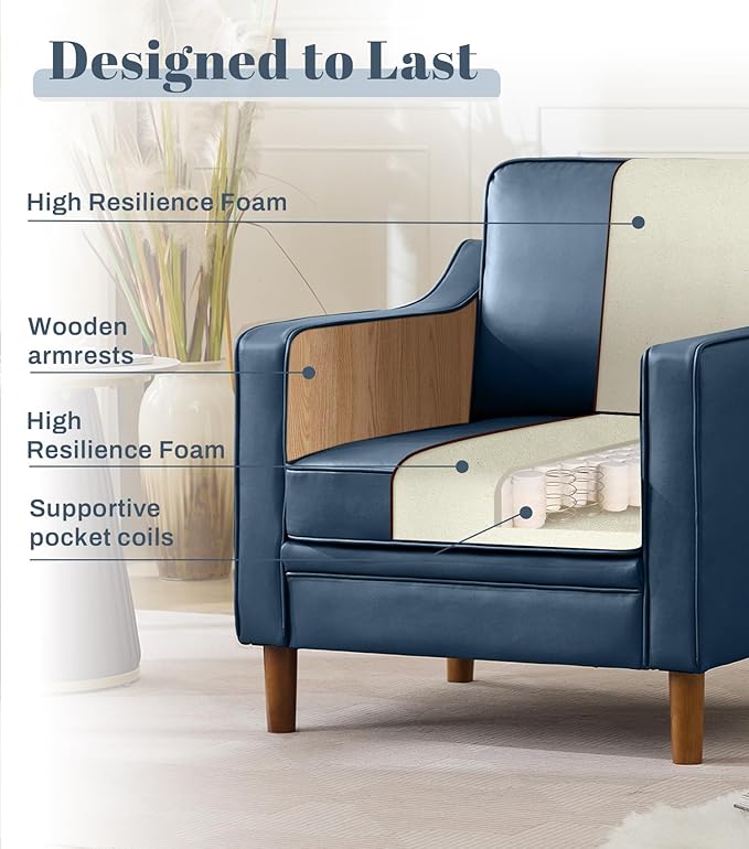Kingfun Accent Chair Set of 2 Living Room Chairs Faux Leather Reading Armchair Mid Century with Solid Wood Foot Upholstered Modern Decor for Bedroom Apartment Blue