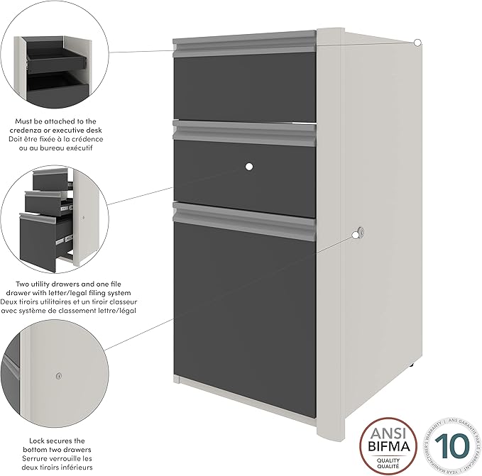 Bestar Connexion 16W Add-On 3 Drawer Pedestal in slate &amp sandstone