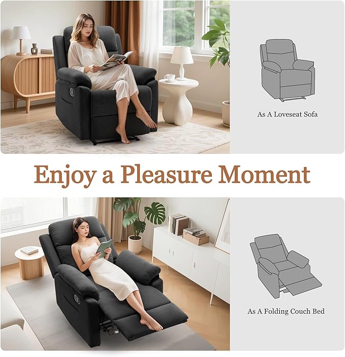 Recliner Chair for Adults Small Recliner Chair for Small Spaces Upholstered Corduroy Manual Recliner with Side Pockets Reclining Chair for Living Room Nursery Black
