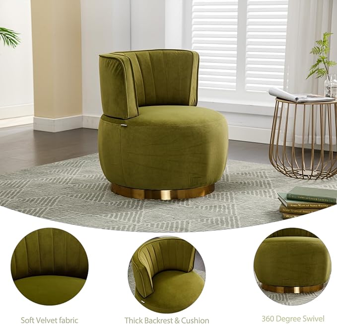 Homtique Swivel Accent Chair Set of 2 for Living Room Modern Upholstered Velvet Fabric Round Barrel Armchair Chair 360 Degree Swivel Small Single Leisure Sofa Chair Reading Chair(Olive)