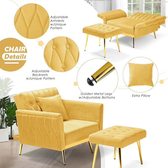 Velvet Accent Chair with Adjustable Backrest and Armrests Single Recliner Armchair with Ottoman and Golden Mental Legs for Living Room Bedroom and Waiting Room Yellow
