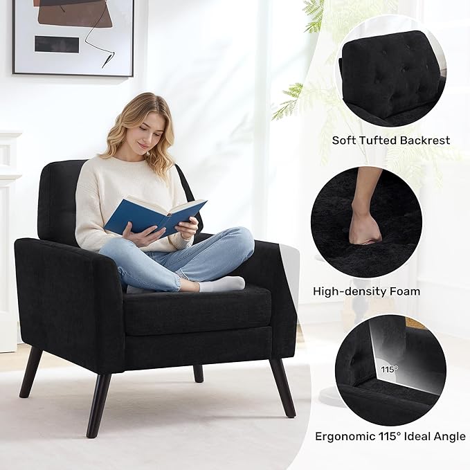 Accent Chair Set of 2 Mid Century Modern Living Room Chairs Upholstered Armchair with Tufted Back &amp Wood Legs Single Sofa Reading Side Chair for Bedroom Office Waiting Room Black