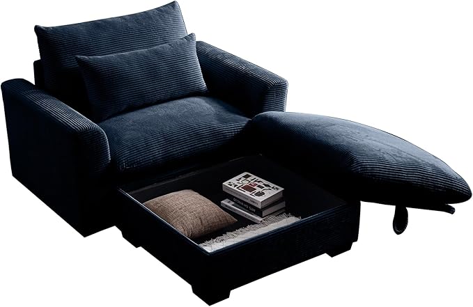 Corduroy Square Storage Ottoman with Removable Cushions 36.6 Inch Corduroy Fabric Cloud Ottoman Footrest for Modular Sofa Living Room Furniture Easy Assembly Blue