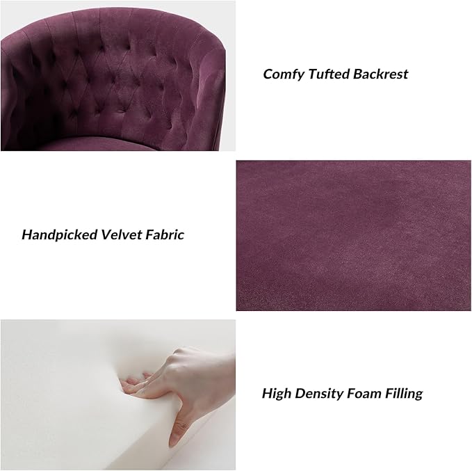 Velvet Home Office Chair with Gold Base Comfy Modern Cute Desk Chair Adjustable Swivel Task Chair for Study Living Room Bedroom Vanity Purple