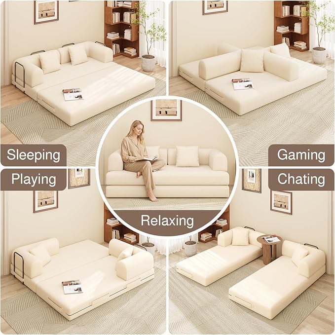 Ahomly 78.8'' Convertible Sofa Bed5-in-1 Boneless Couch with Removable ArmrestsFolding Futon Sofa Bed Includes 2 PillowsComfy Pull Out Couch for Living RoomNo Assembly RequiredCream