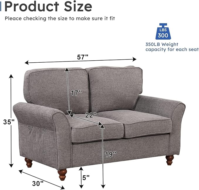 EBELLO Modern Linen Fabric Loveseat Sofa Upholstered 2-seat Sofa Couch Wood Frame and Sturdy Legs for Living Room Bedroom Office Grey