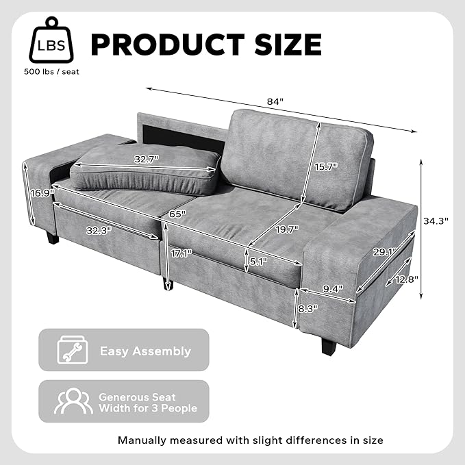 84 Chenille Loveseat Couch 3 Seater Retro Sofa with 4 Side Pockets Removable and Washable Cushions Mid Century Modern Living Room Bedroom Apartment (Light Grey)