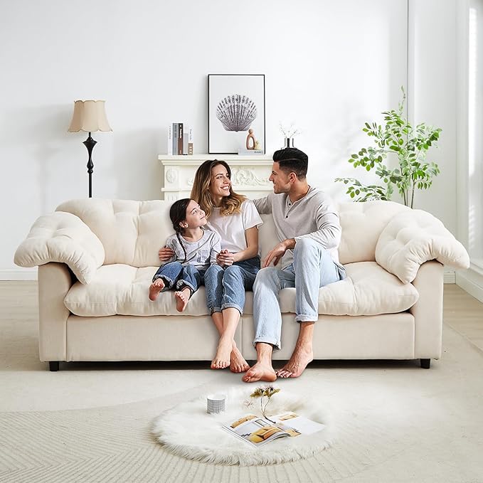 3-Seater Couch 94.8-inch Oversized Modern Comfy Tufted Chenille Fabric Cloud Fluffy Foam Deep Seat Soft Loveseat Sofa Couch for Living Room Bedroom Office Beige