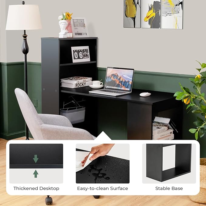 Giantex 48 Inch Computer Desk with Bookshelf 3-in-1 Home Office Desk with 4-Tier Bookcase &amp CPU Stand Space-Saving Reversible Writing Desk Work Table for Bedroom Study Room Office (Black)