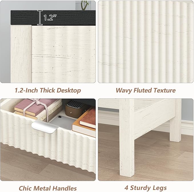 Fluted Computer Desk with 2 Drawers 39 Inch Small Computer Desk with Storage Compact Writing Study Desk for Small Spaces Black and White
