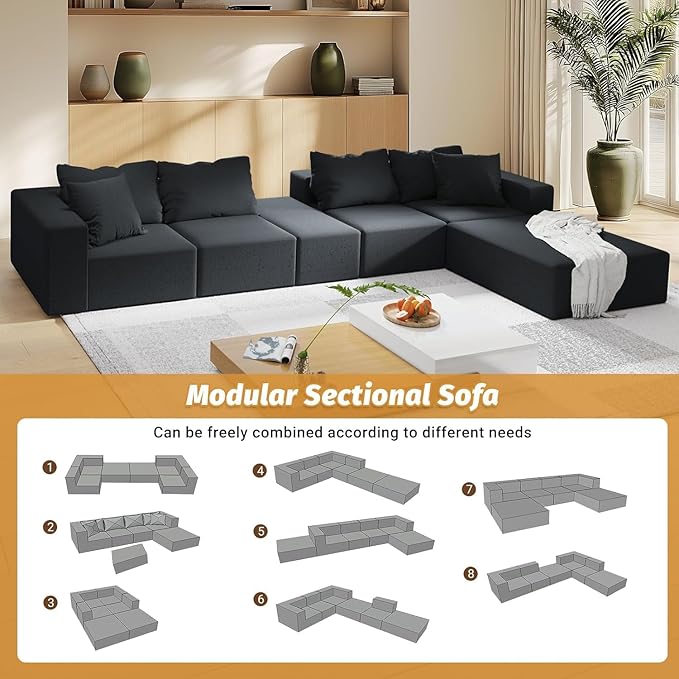 132'' Oversized Cloud Couch Sectional Modular Sectional Sofa with 6 Pillows Comfy Chenille L Shape Couch with 6 Deep Seat Convertible Sleeper Boneless Couches for Living Room No Assembly Black