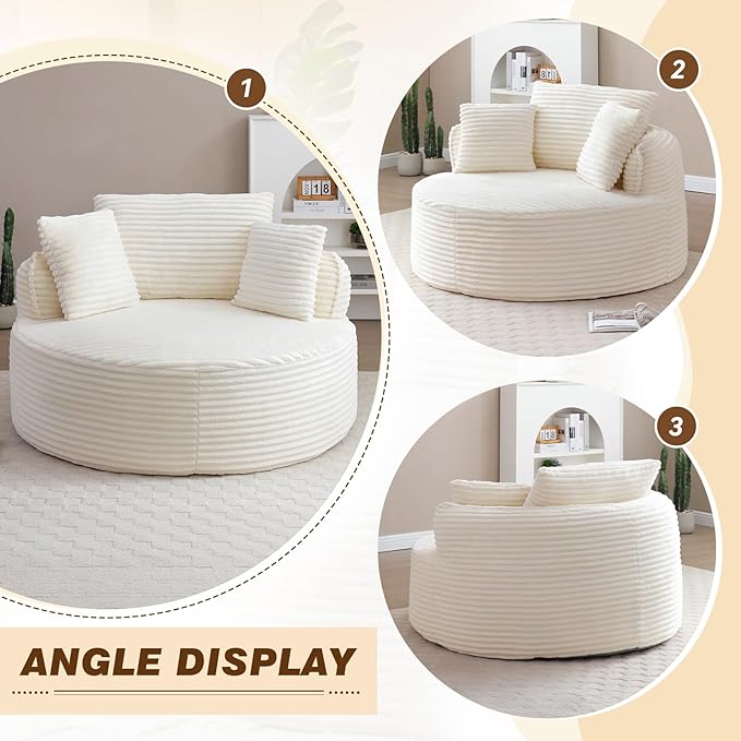 53W Oversized Round Chaise Longue Chair IndoorCorduroy Fluffy Comfy Cloud ChairCircle Bean Bag Sofa with Foam Filling &amp PillowsBoneless Reading Cozy Sofa Chairs for Living RoomBedroomWhite