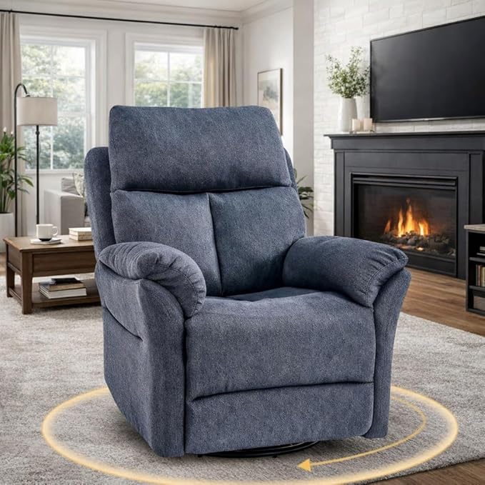 Oversized Rocker Recliner Chair Manual Swivel Rocking Recliners with Adjustable Backrest Footrest for Adults 360° Swivel Lazy Boy Recliner Chairs for Living Room Reading Bedroom Blue