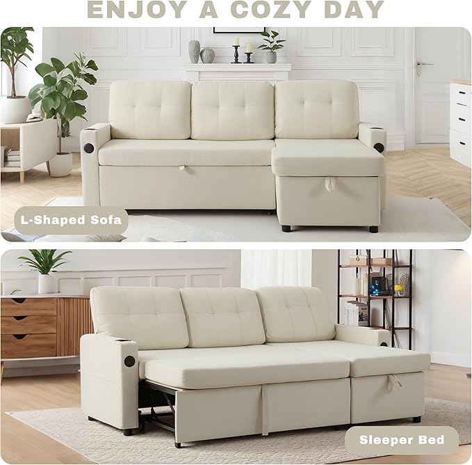 82 Pull Out Sofa BedL-Shape Modern Sleeper Sofa Upholstered Sectional Couch with USB Port and Side Pockets for Living Room and Guest Room (Beige)