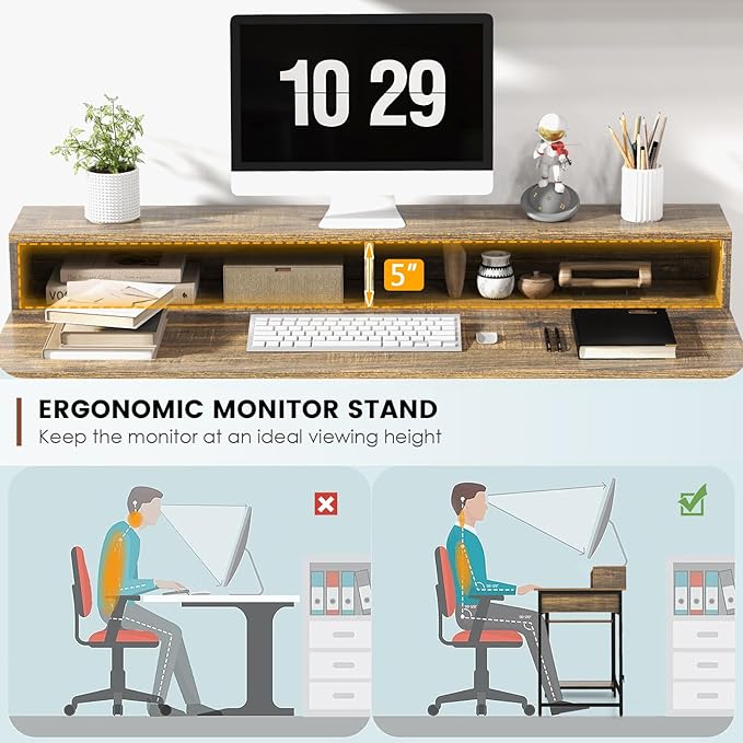 Tangkula Computer Desk with Storage Drawer &amp Monitor Stand 48” Home Office Writing Desk with 2 Open Shelves &amp Compartments Computer Workstation Writing Study Desk with Metal Frame (Rustic Br
