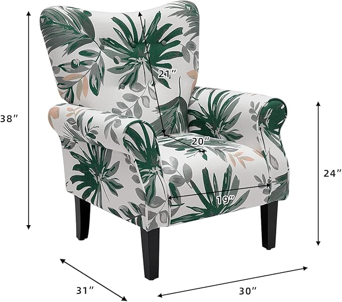 MELLCOM Mid Century Wingback Arm ChairModern Upholstered Fabric High Back Accent Chair with Wood LegsUpholstered Single Sofa Club Chair for Living Room Bedroom Home Office Green Leaves