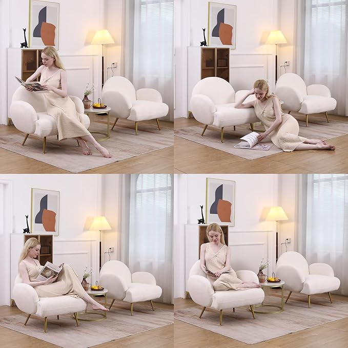 Accent Chair White with Golden Metal LegsReading Chair for Bedroom Comfy Boucle Sherpa Chair for Living Room Bedroom