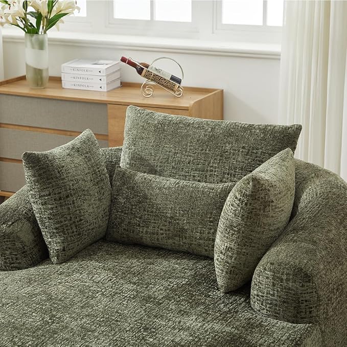 Oversized Chaise Longue Chair Indoor Modern Upholstered Chenille Deep Seat Sofa Bed with Throw Pillows and Armrests Sleeper Sofa Couch for Living Room Bedroom Apartment (Olive Green)