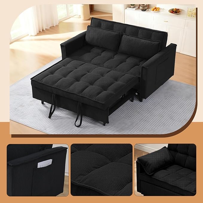 3 In 1 Corduroy Convertible Sofa BedPull Out Couch Bed with Reclining Backrest And 2 Pillows 54 Full Size Loveseat Sleeper Sofa Futon Couch Bed Couches For Small Spaces Living Room (Black ①)