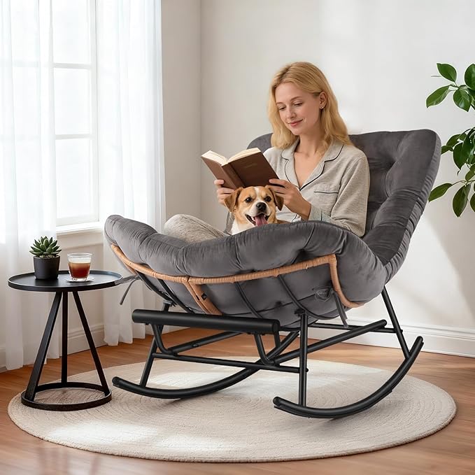 GarveeHome Indoor Papasan Rocking Chair Rattan Rocker with Extendable Footrest &amp Detachable Flannel Cushion 352lbs Sturdy Large Reading Lounge for Indoor Bedroom Living Room Dark Grey