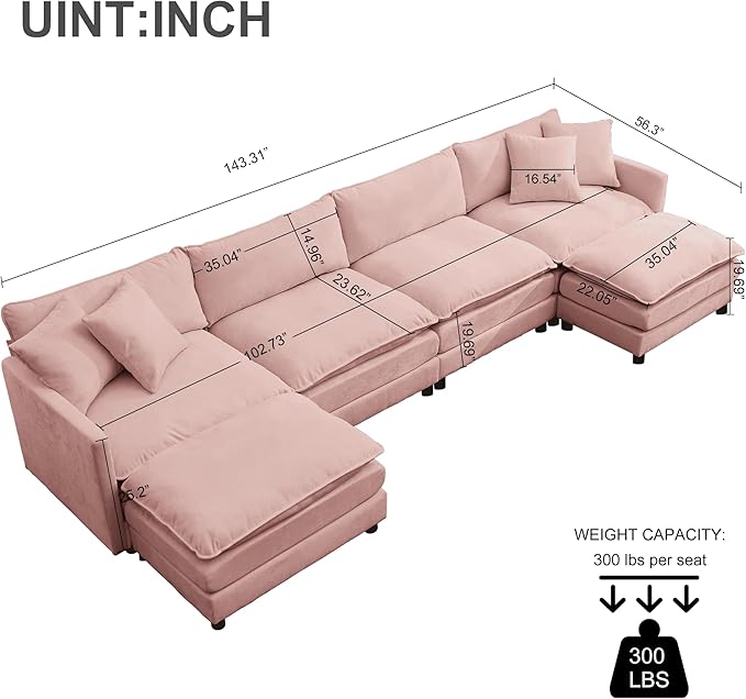 Oversized Modular Sectional SofaSofa Couch with Movable Ottoman Deep SeatSoft Chenille Corduroy Cloud Couches for Living Room ApartmentOffice (Pink 4+2 U)