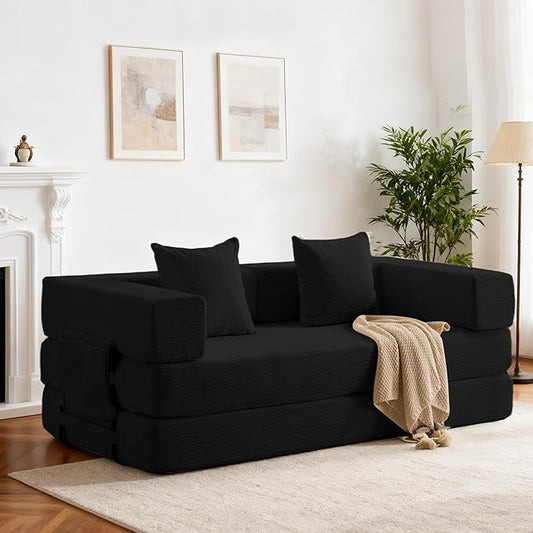 4 in 1 Convertible Sleeper Sofa Bed78’’ Compression Folding Sofa Bed with Pillows &amp Side Pockets Fold Out Floor Couch Boneless Couch for Living Room BedroomBlack