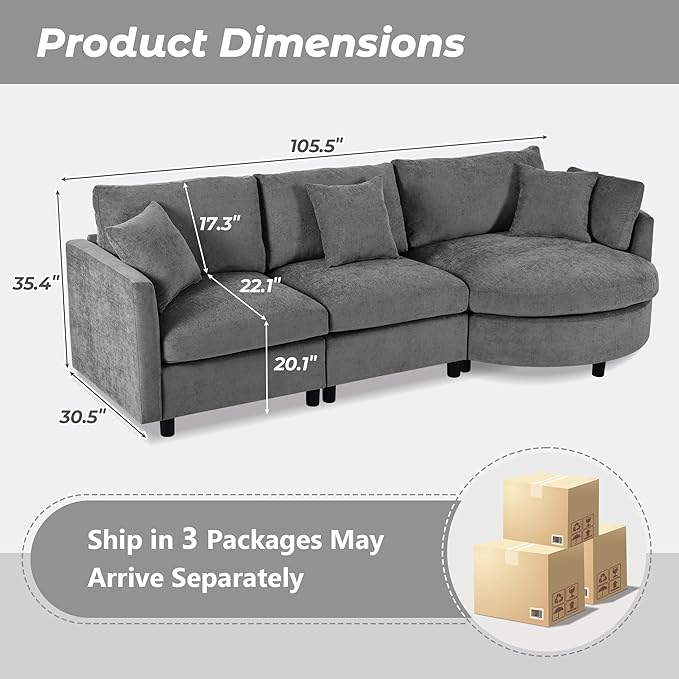105 Modern Modular Sectional Sofa Chenille Fabric 3-Piece Sectional Sofa with Curved Chaise and 3 Throw Pillows Perfect for Living Rooms Offices and Apartments (Grey102)
