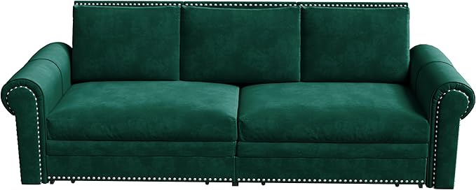 Ball &amp Cast 3-in-1 Convertible Sofa Bed93.7 Velvet Pull Out Couch Bed King Size Loveseat Sleeper Sofa with Nailhead Trim &amp Rolled ArmMulti-Functional Sofa Couches for Living RoomGreen