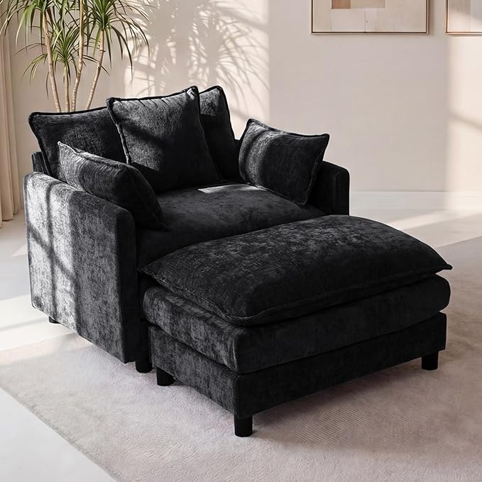 Redlife Modular Single Seat Sofa with Ottoman Chenille Upholstered Accent Chair Spring-Embedded 30D Foam Cushion Removable Covers Solid Wood Frame Easy Assembly Lounge Chair Black