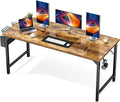 Sweetcrispy Computer Office Desk 63 Inch Student Study Writing Work with Headphone Hooks &amp Storage Bag Modern Simple PC Home Bedroom Table Rustic Brown
