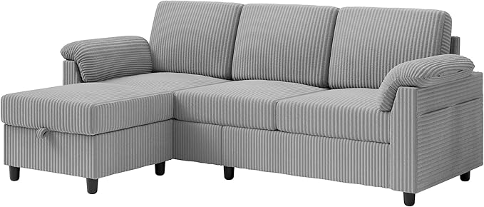 Vongrasig Convertible Sectional Couches Sofa 3 Seat L Shaped Sofa with Removable Pillows Soft Corduroy Fabric Small Couch Mid Century for Living Room Bed Room Apartment and Office (Light Grey)