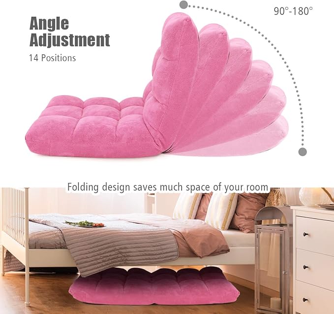 FANTASK 14-Position Sofa Folding Memory Foam Floor Chair w/Comfy Cushions &amp Study Steel Frame Angle Adjustable Floor Couch Sofa for Reading Game Meditating (Pink)
