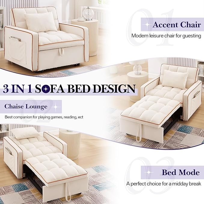 Convertible Sleeper Chair Bed 3 in 1 Modern Velvet Pull Out Sofa Bed Small Tufted Single Sleeper Chair with Adjustable Backrest/Pillow for Living Room Small Spaces Apartment Office Beige
