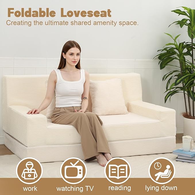 MeMoreCool Boneless Folding Queen Sofa Bed – Corduroy Convertible Futon Sleeper Couch with Foam Core &amp Pillow Washable Cover Space-Saving Floor Sofa for Living Room Guest Bedroom Apartment