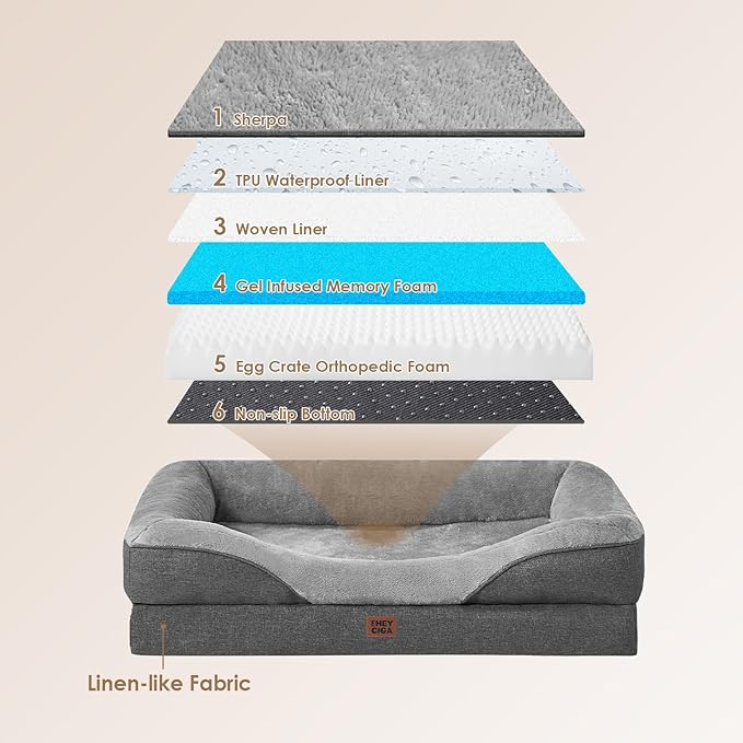 EHEYCIGA Orthopedic Dog Bed for Medium Dog 35x22x6.5 Inch Memory Foam Dog Couch Bed with Sides Waterproof Liner &amp Washable Removable Cover Bolster Pet Sofa Grey