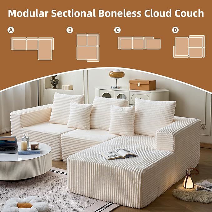 108'' Boneless Couch Sectional Boneless Couch w/Deep Seat Cloud Boneless Couches w/Stripe&amp Flannel Fabrics Boneless L Shaped Couches for Living Room Right Facing Chaise Beige