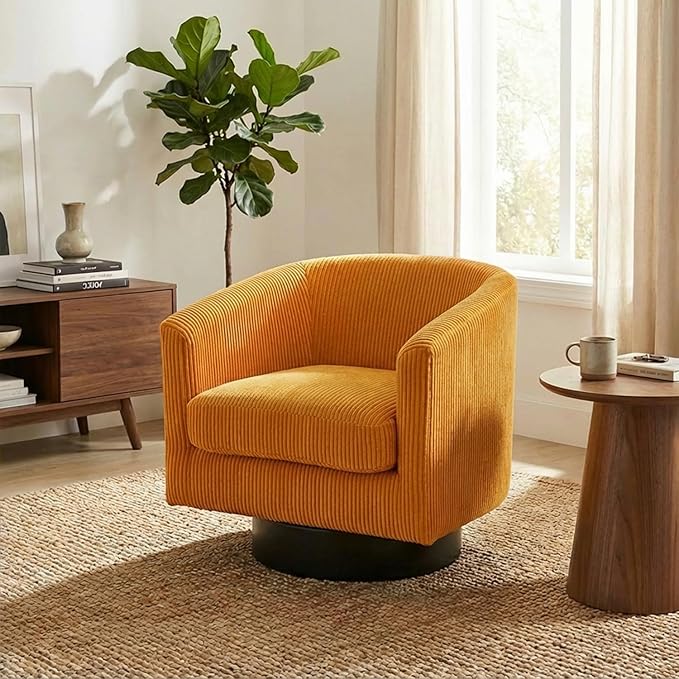 Swivel Accent Chair 360°Swivel Barrel Chair Comfy Upholstered Corduroy Club Armchair for Living Room Reading Room Bedroom (Yellow)